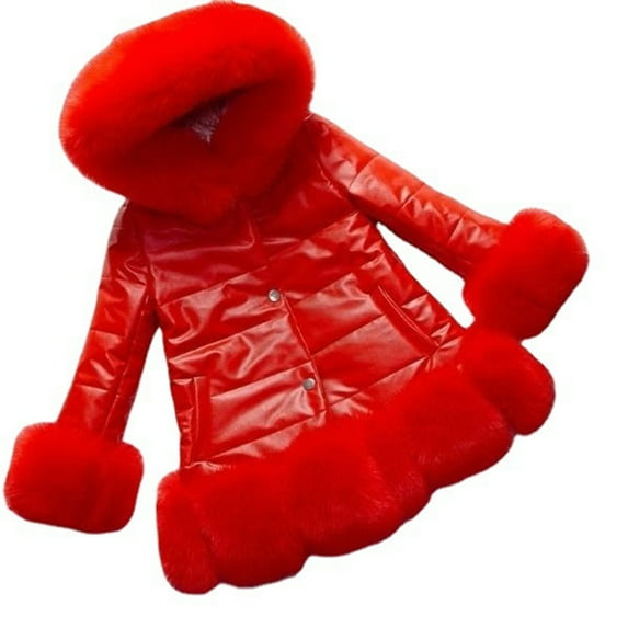 Generic Girls Christmas Clothes Kids Little Thicken Coat Winter Warm Faur Leather Button Down Jacket with Hood Long Sleeve Outerwear for Casual Soft Comfortable Clothing(2-3 Years,Red)