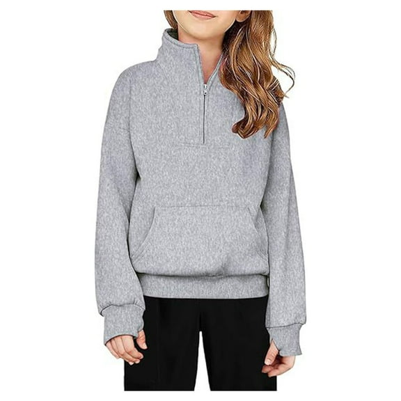 Generic Girls Christmas Dress Boys Girls Solid Color Half Zip Sweatshirt Thumbhole Sweatshirt Fall Clothes for Teen Girls Thumb Hole13-14 YearsGrey