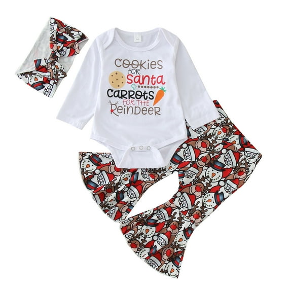 Generic Girls Christmas Outfits Long Sleeve Romper Bowknot Pants Headband 3PCs Set Outfits Autumn Winter Clothes for Holiday Party Christmas（6-12 Months White）