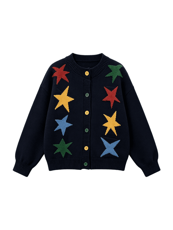 Girls Colorful Star Knit Cardigan Kids Long Sleeve Neck Button down Sweater Jacket Casual Loose Cheer Jacket School Sweater