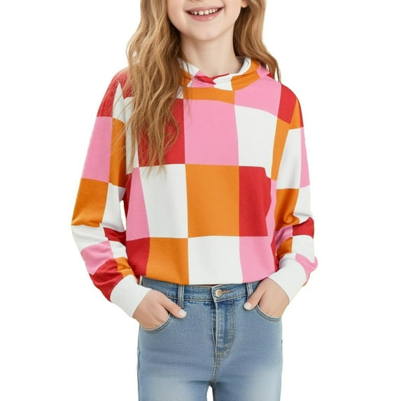 Generic Girls Crop Tops Kids Hoodies Cute Plaid Color Block Shirts Long Sleeve Cropped Casual Pullover Fashion Sweatshirts
