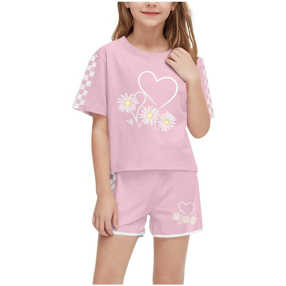 Generic Girls Daisy Heart Print 2 Piece Outfits Summer Loose Crewneck Tshirt and Shorts Tracksuits Loungewear for 5-14 Years
