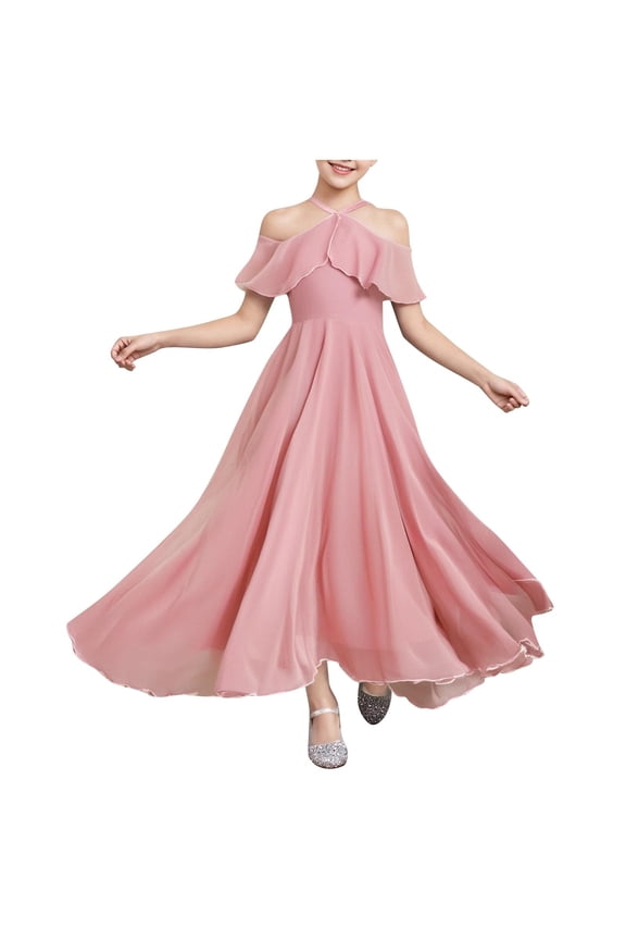 Girls Fashion Bridesmaid Dress Flowy A-Line Cold Shoulder Halter Dresses Chiffon Prom Party Gowns for 8-13 Years