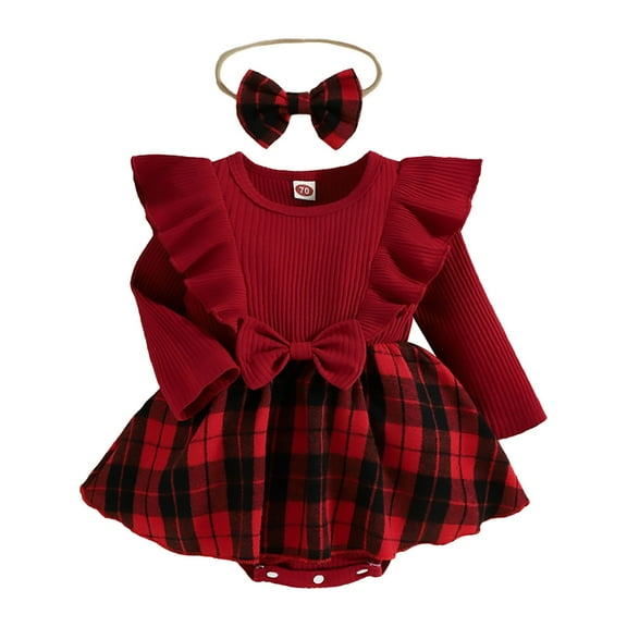 Generic Girls Fashion Girl Christmas Suit Long Sleeve Autumn Winter Ruffle Bow Red Plaid 2pc Dress Easy Nappy Change with Headband for Party Birthday School (3-6 Months,Red)
