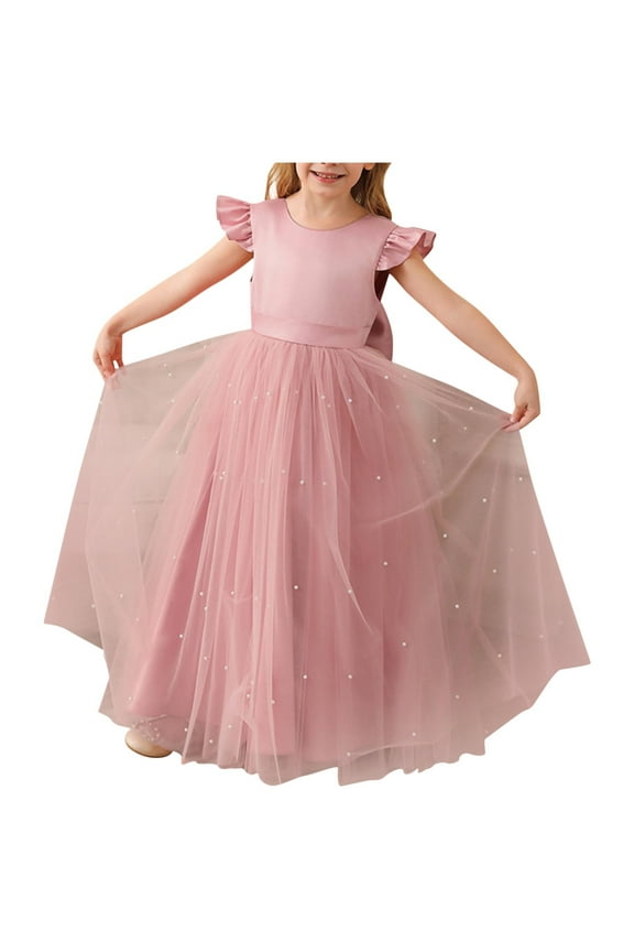 Girls Flower Dress Flying Sleeve Pearls Bridesmaid Wedding Party Birthday Communion Princess Tutu Dresses for 4-14 Years