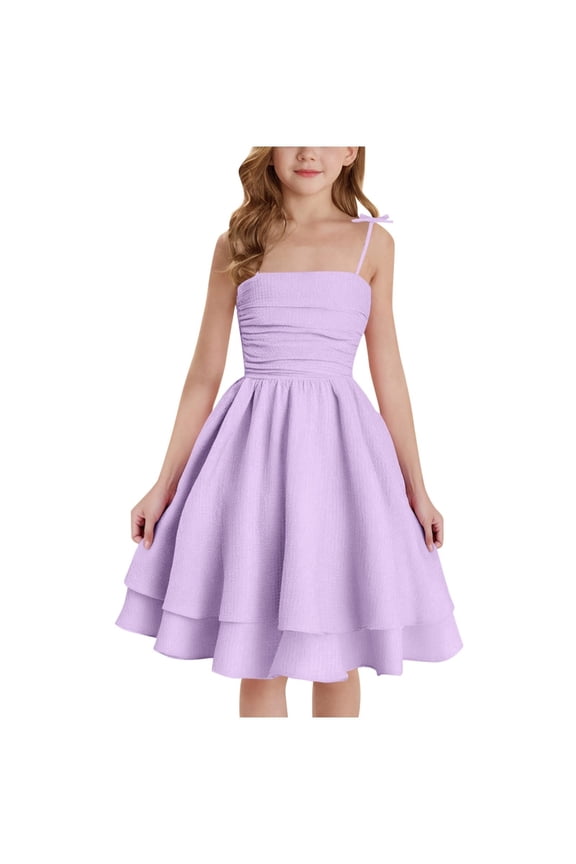 Girls Flowy Dress Bow Swing Smocked Ruffled Teen Summer Graduation Dance Ruched Spaghetti Strap Double Layered Mini Dresses