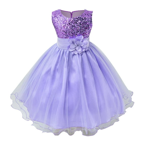 Generic Girls Gown Dress Spring Summer Solid Color Sleeveless Sequins Flower Mesh Party Birthday School for Flower Dresses Pageant Wedding(3-4 Years,Purple)