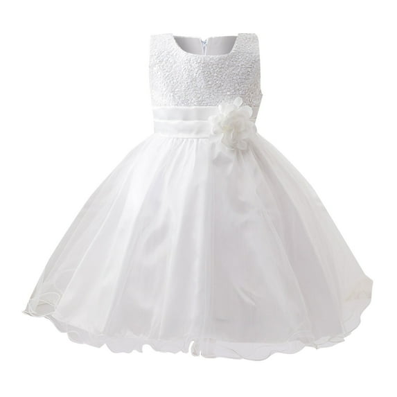 Generic Girls Gown Dress Spring Summer Solid Color Sleeveless Sequins Flower Mesh Party Birthday School for Flower Dresses Pageant Wedding(3-4 Years,White)
