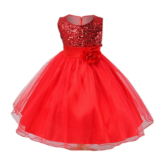 Generic Girls Gown Dress Spring Summer Solid Color Sleeveless Sequins Flower Mesh Party Birthday School for Flower Dresses Pageant Wedding(6-7 Years,Red)