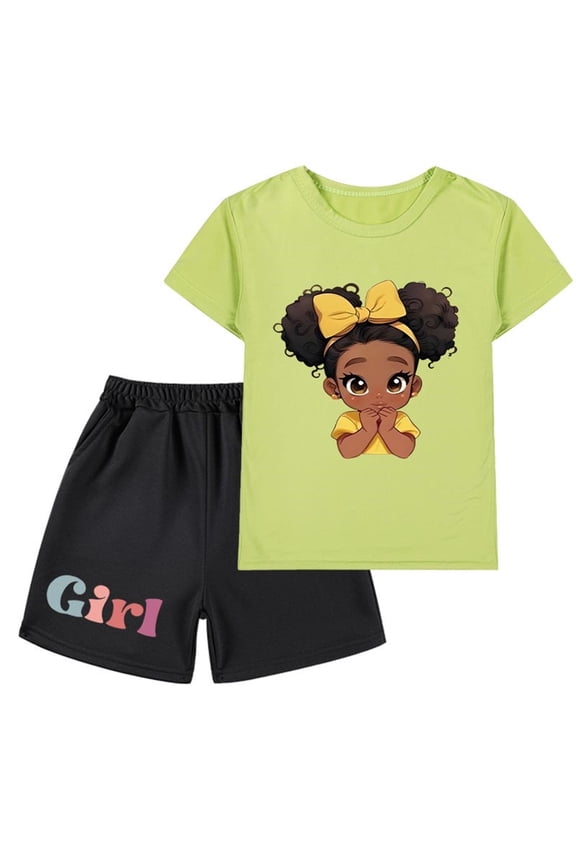 Girls' Graphic Tees Summer Cute Short Sleeve Crew Neck Tee Shirt + Shorts Summer Outfits Set for 2-14 Years
