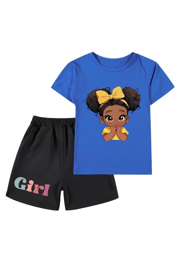 Girls' Graphic Tees Summer Cute Short Sleeve Crew Neck Tee Shirt + Shorts Summer Outfits Set for 2-14 Years