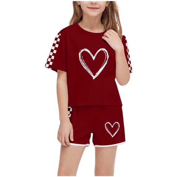 Generic Girls Heart Print Loose Tshirt + Shorts 2 Pieces Summer Comfy Short Sleeve Cute Plaid Sweatsuit Outfits for 5-14 Years