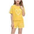thumbnail image 1 of Generic Girls Heart Print Loose Tshirt + Shorts 2 Pieces Summer Comfy Short Sleeve Cute Plaid Sweatsuit Outfits for 5-14 Years, 1 of 7