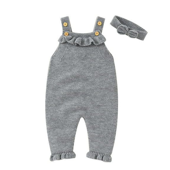 Generic Girls Knitted Tops for Baby Baby Solid Knitted Romper Cotton Sleeveless Boy Girl Ruffled Sweater Clothes Baby Jumpsuit with Headband Outfits Set(Grey,9-12 Months)