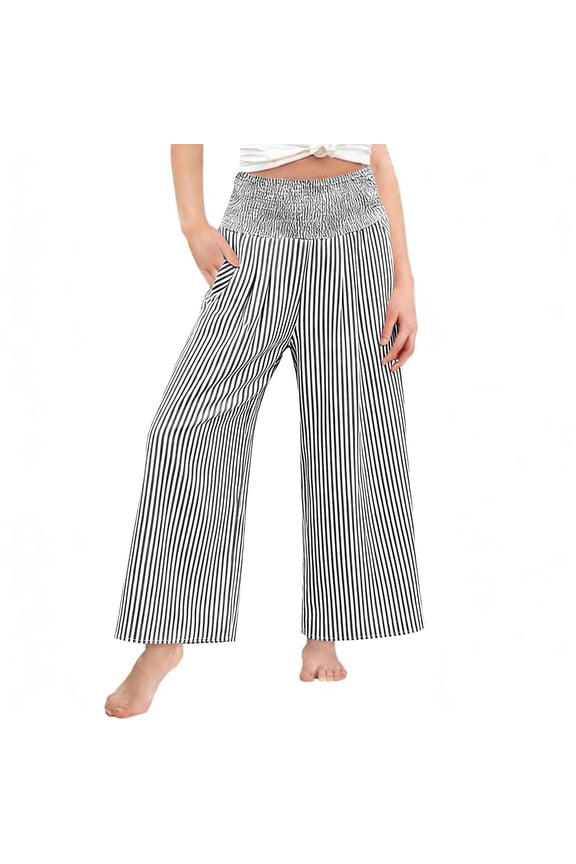 Girls Linen Pants Summer Striped Wide Leg Palazzo Pants Teen Boho Smocked High Waisted Beach F𝗹owy Pant Cropped Trousers