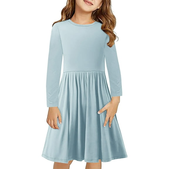 Generic Girls Long Sleeve Skater Dress Kids Fall Casual Crewneck Solid Color A-Line Flowy Fall Dresses for 4-14 Years