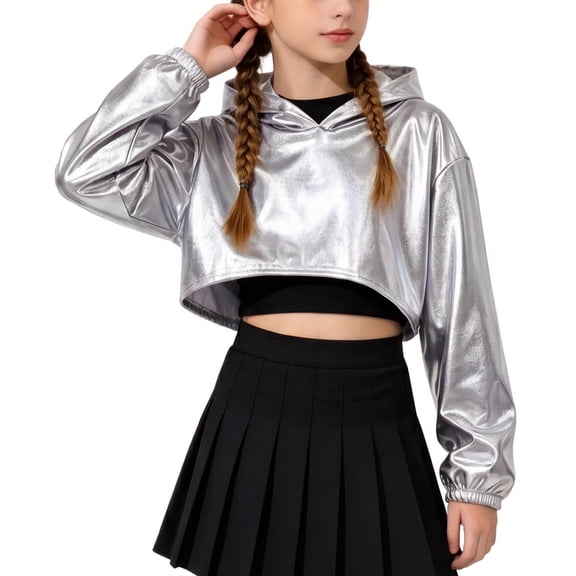 Generic Girls Metallic Cropped Hoodies Shiny Pullover Long Sleeve Hooded Sweatshirts Kids Trendy Casual Cute Hip Hop Dance Crop Tops