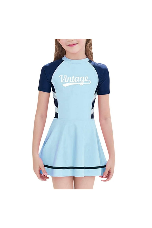 Girls One Piece Swimsuits Dresses Trendy Zip Front Colorblock Short Sleeve Swim Dress Hawaiian Skirted for 7-14 Years