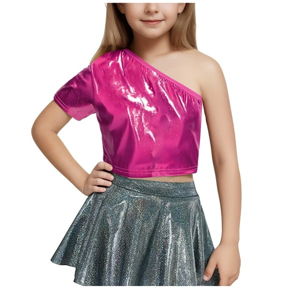 Generic Girls One Shoulder Metallic Shirts Short Sleeve Party Glitter Sparkly Crop Tops Performance Dance Tees for 3-16 Years
