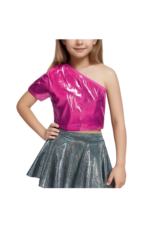 Girls One Shoulder Metallic Shirts Short Sleeve Party Glitter Sparkly Crop Tops Performance Dance Tees for 3-16 Years