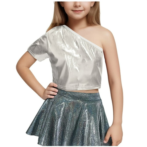 Generic Girls One Shoulder Metallic Shirts Short Sleeve Party Glitter Sparkly Crop Tops Performance Dance Tees for 3-16 Years