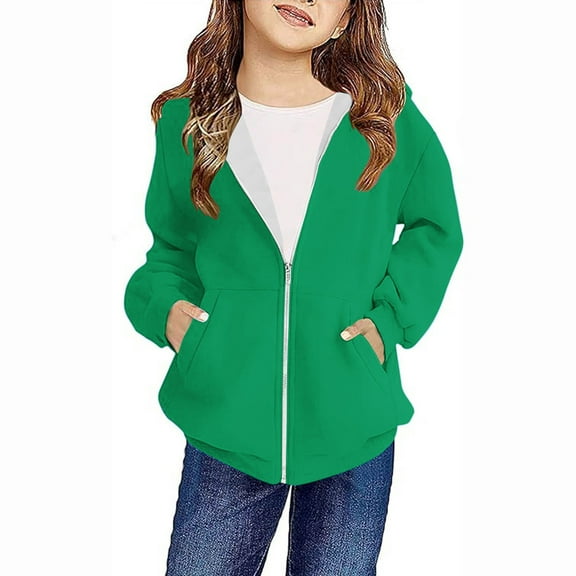 Generic Girls Oversized Zip up Hoodie Trendy Youth Hooded Sweatshirt Winter Cute Kids School Jacket Fall Clothes for 4-12 Years