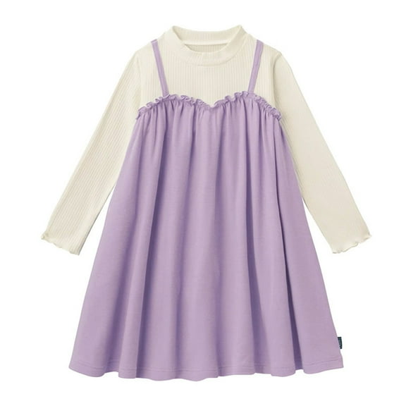 Generic Girls Plaid Ruffle Long Sleeve Fake Two-Piece Dress Solid Color Ribbed Belted Pleated Dresses for 2-14 Years