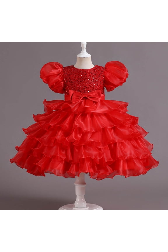 Girls Princess Pageant Dress Kids Prom Gowns Kid Girl Breathable Comfortable Princess Puff Sleeve Dresses Birthday Party for Wedding Holiday Gown(2-3 Years,Red)