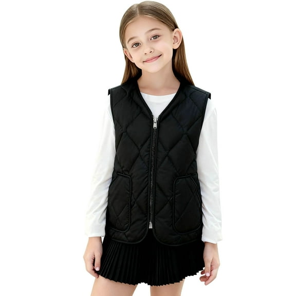Generic Girls Puffer Vest Quilted Padded Puffy Vest Pockets Lightweight Full-Zip Outerwear Warm Sleeveless Vests for 3-14 Years
