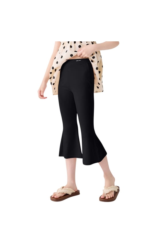 Girls Ribbed Knit Bell Bottoms Elastic Waist Casual Solid Stretchy Leggings Ruffle Bootcut Pants for 3-14 Years