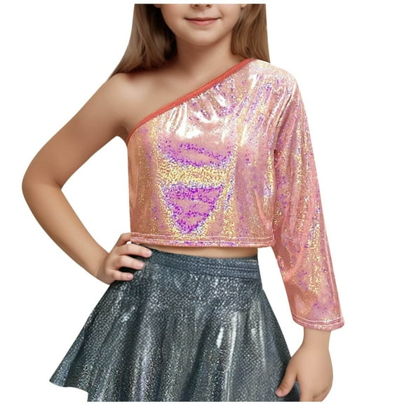 Generic Girls Sequin Dance Tshirts Trendy One Shoulder Metallic Shimmer Shirts Sparkly Glitter Performance Tops for 3-16 Years