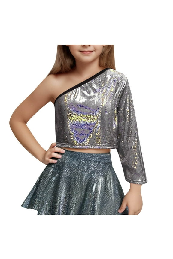 Girls Sequin Dance Tshirts Trendy One Shoulder Metallic Shimmer Shirts Sparkly Glitter Performance Tops for 3-16 Years
