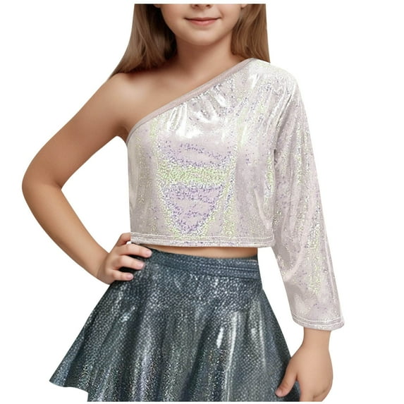 Generic Girls Sequin Dance Tshirts Trendy One Shoulder Metallic Shimmer Shirts Sparkly Glitter Performance Tops for 3-16 Years