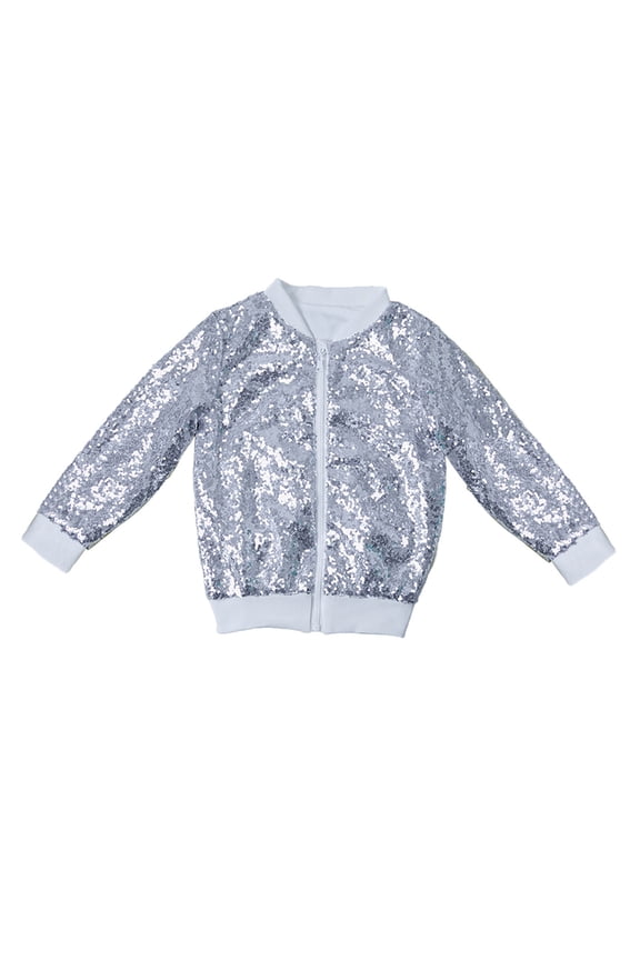 Girls' Sequin Jacket Show Coat Casual Long sleeves Coat Glitter Coat with Sequins for Holiday Winter Party Christmas(6 Years Silver)