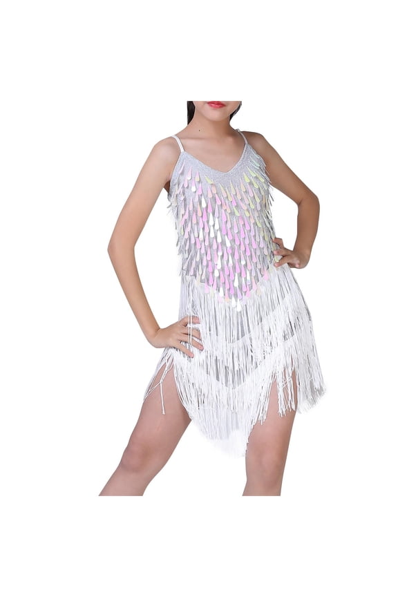 Girls Sequin Latin Dance Dress with Tassel Sparkly Jazz Dance Dress Spaghetti Straps Fringe V Neck Skirt for 2-7 Years