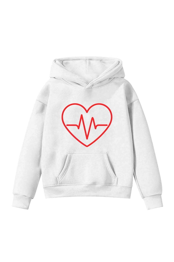 Girls Spring/Autumn Heart Print Hoodie Girls Valentine'S Day Heart Print Sweatshirt Girl's Fall/Winter Valentine's Day EKG Printed Padded Hooded Throwback Pocket Sweatshirt