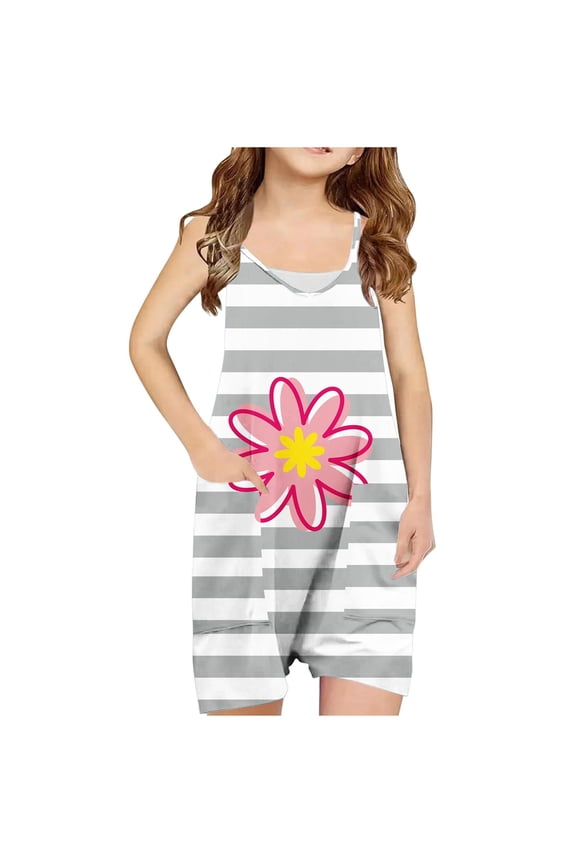 Girls Striped Floral Print Jumpsuits V Neck Spaghetti Strap Sleeveless Romper Overalls with Pockets for 5-14 Years