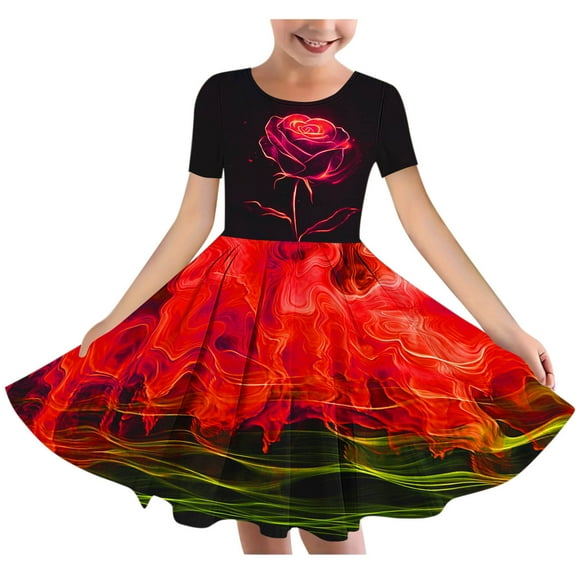 Generic Girls Summer Dress Formal Short Sleeve Crewneck Dresses Casual Flroal Print A Line Dance Ballet Sundress for 4-14 Years