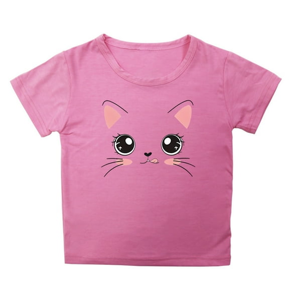 Generic Girls Summer Loose Casual Trendy Cute Cat Printed Short Sleeve T Shirt Top for Casual Soft Comfortable Clothing5-6 Yearsa-Pink