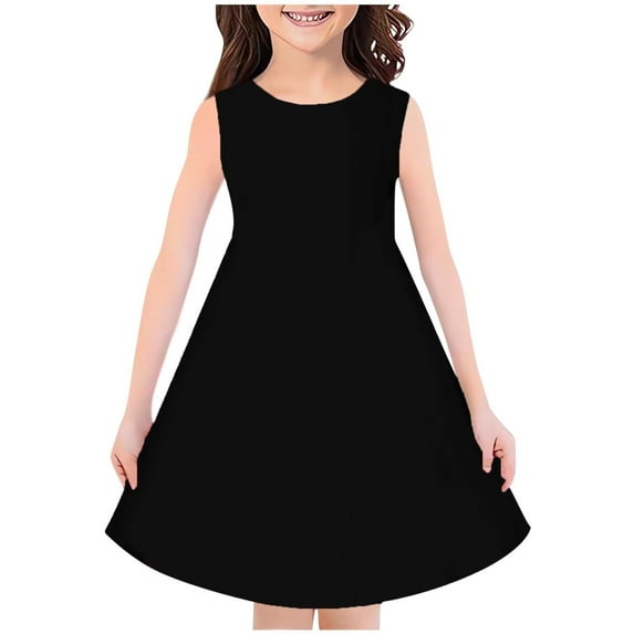 Generic Girls Summer Sleeveless Dresses Casual Crew Neck Solid Color A Line School Recital Dress for 4-14 Years
