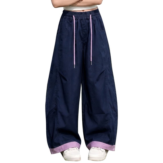 Generic Girls Sweatpants Baggy Barrel Pants Wide Leg Drawstring Open Bottom Casual Sweat Pants with Pockets Color Block Trendy Wear