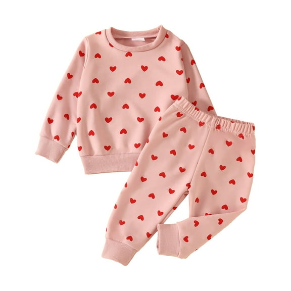 Generic Winter Kids' Rompers and Jumpsuits Toddler Long Sleeved Round Neck Pullover Heart Print Sweater Set Comfortable Home Wear Spring and Autumn Outdoor Sportswear(2-3 Years,Pink)