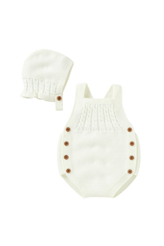 Girls Warm Tops Baby Knit Romper Cotton Sleeveless Boy Girl Sweater Clothes Baby Round Neck Bodysuit with Cute Hat Cap Set Fall Winter Clothes(White,0-3 Months)