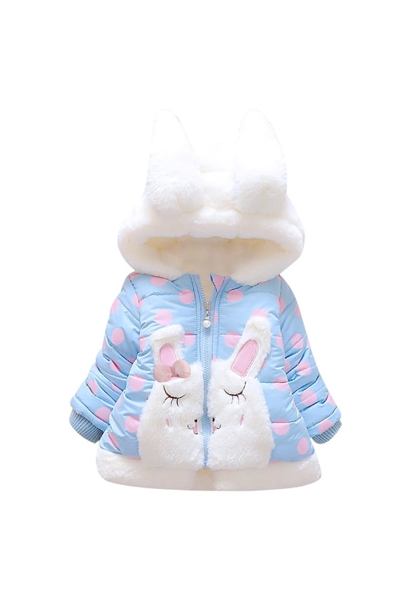 Girls Winter Plush Thick Jacket Rabbit Ears Hooded Long Sleeve Polka Dot Animal Print Zip Padded Coat for Holiday Winter Party Christmas(18-24 Months Blue)