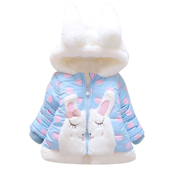 Generic Girls Winter Plush Thick Jacket Rabbit Ears Hooded Long Sleeve Polka Dot Animal Print Zip Padded Coat for Holiday Winter Party Christmas（6-12 Months Blue）