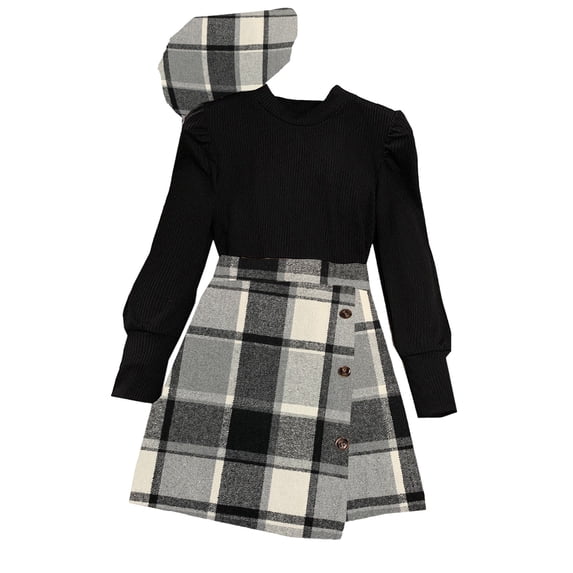 Generic Girls Xmas Princess Dress Toddler Big Kids Girls Long Sleeve Ribbed Solid Tops Blouse Plaid Skirt With Hat Outfit Set 3PCS Christmas Girl Outfit Kids Holiday Sequin Dress