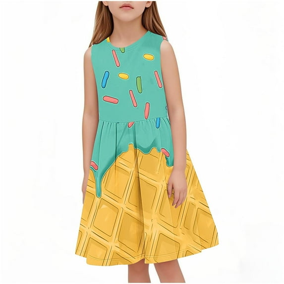 Generic Girls and Toddlers' Sleeveless Dress Summer Cute Print Dresses Casual Swing Layered Midi Sundress for 2-14 Years