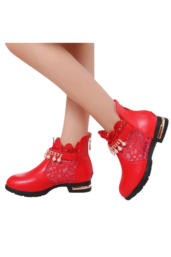 Girls 𝗪aterproof Leather Booties Lace Pearl Side Zipper Winter Boots Toddler Fashion Short Ankle Boots Dress Booties