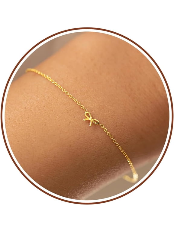 Generic Gold Silver Bow Bracelet for Women Waterproof, 14K Plated Dainty Thin Tiny Mini Adjustable Chain Trendy Fashion Accessories Jewelry Gift for Womens Daughter Mom Christmas Stocking Valentines