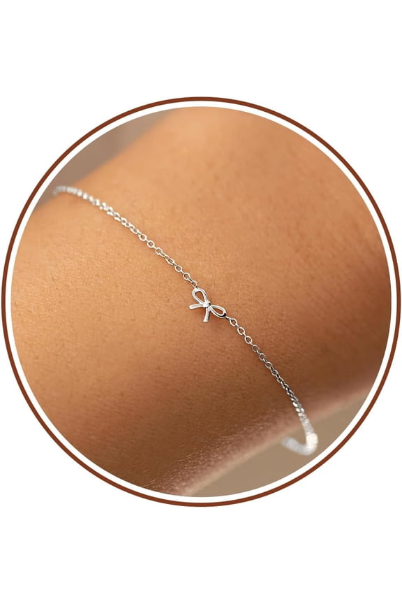 Generic Gold Silver Bow Bracelet for Women Waterproof, 14K Plated Dainty Thin Tiny Mini Adjustable Chain Trendy Fashion Accessories Jewelry Gift for Womens Daughter Mom Christmas Stocking Valentines